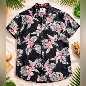 Tropical Floral Button Up XL Black Pink Hibiscus Resort Coastal Vibe Shirt